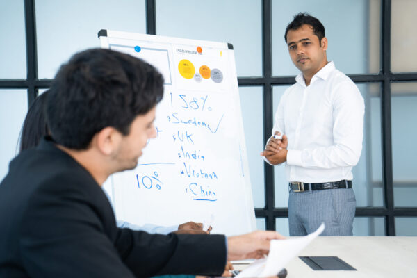 Pensive Indian business trainer listening to audience questions Certificate III industry alignment- Noble training
