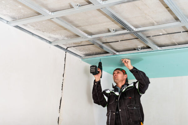 Construction worker assembly suspended ceiling with drywall and fixing the drywall to the ceiling metal frame with screwdriver.